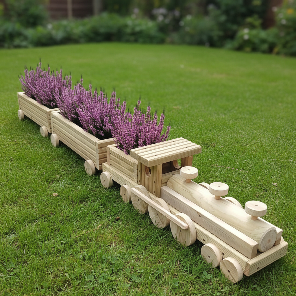 Large Wooden Train Planter – Garden Train Planter with 2 Carriages – Outdoor Flower Planter – Unique Garden Decor