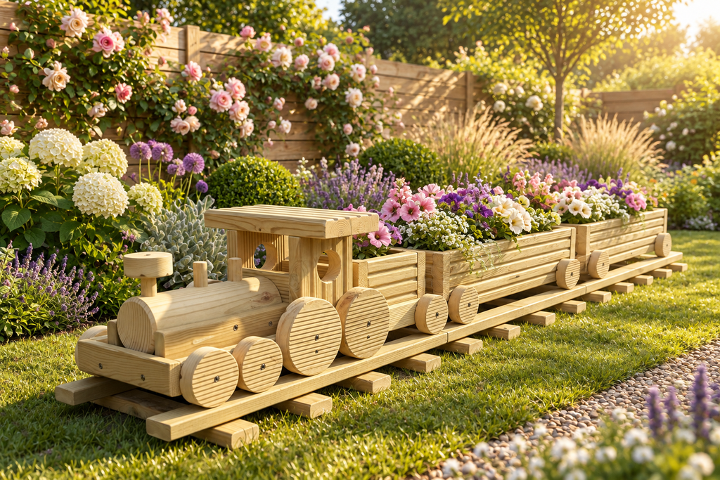 Wooden Train Garden Planter with Tracks | Large Outdoor Flower Planter | Railway Planter | Herb Garden Planter | Handmade Wooden Train