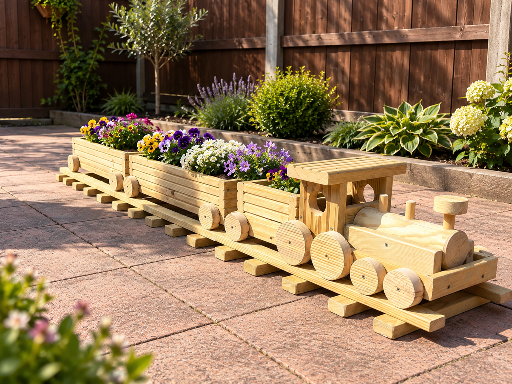 Wooden Train Garden Planter with Tracks | Large Outdoor Flower Planter | Railway Planter | Herb Garden Planter | Handmade Wooden Train