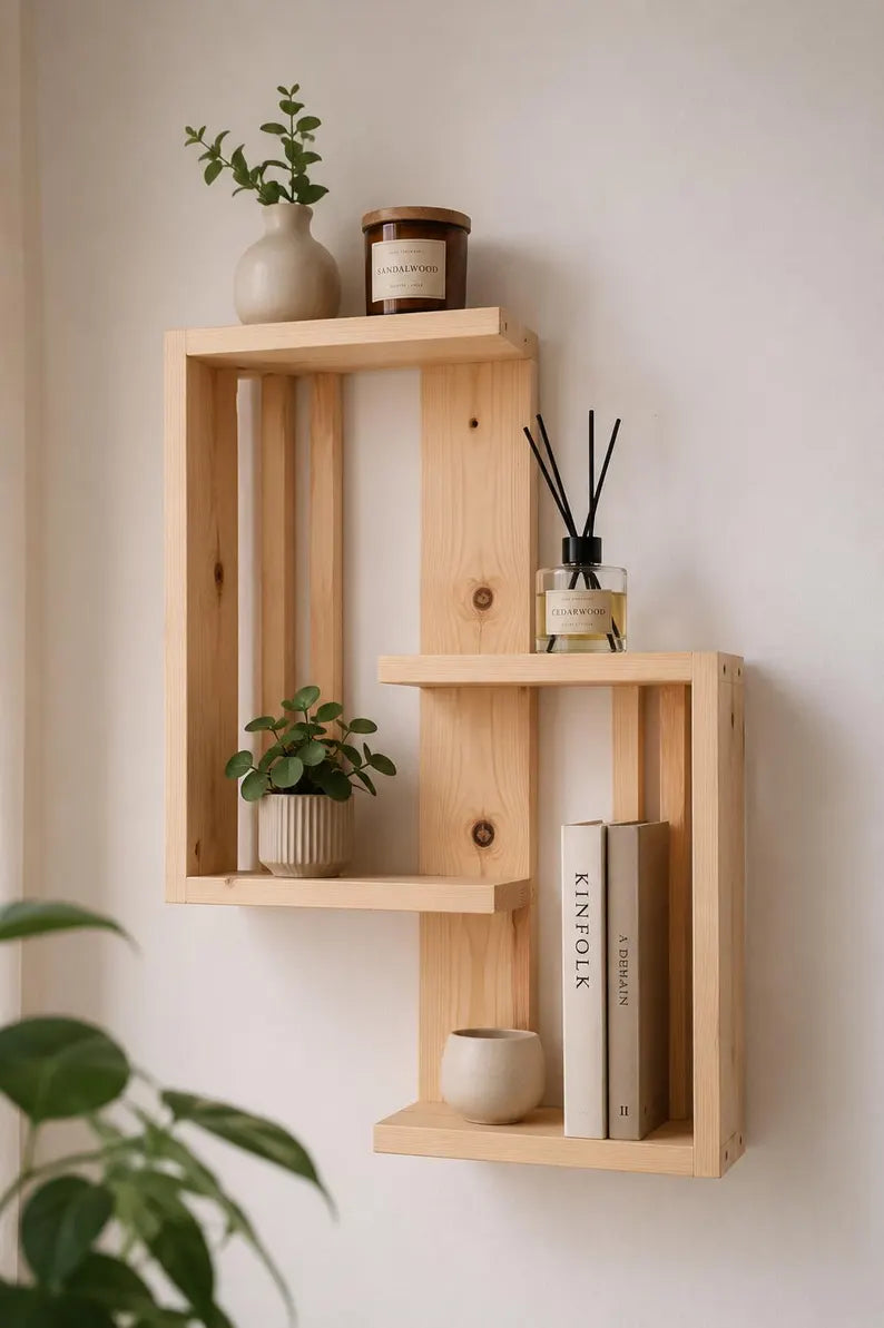 Geometric Solid Pine Shelf – Modern Scandinavian Floating Decor (Handmade)