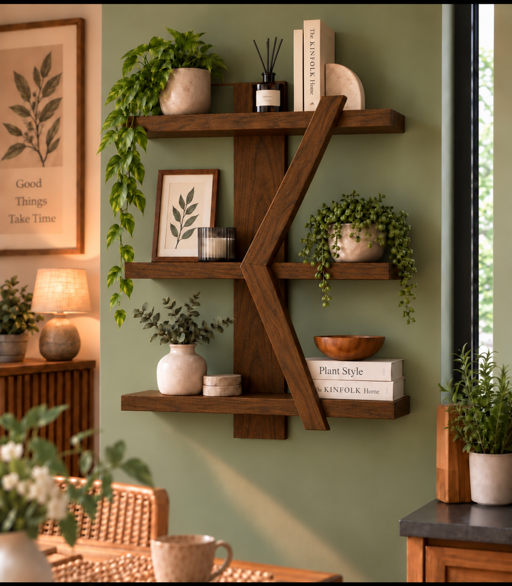 Geometric Wooden Wall Shelf | Handmade 3-Tier Pine Shelf