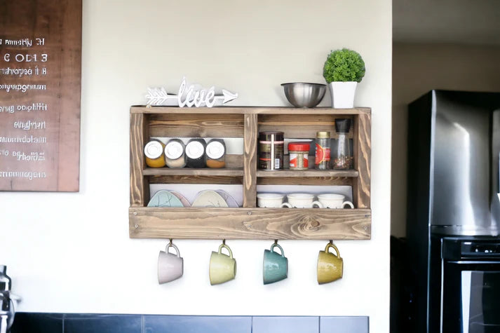 Large Rustic Wall Shelf with Hooks - Reclaimed Wood Organizer | FRYDECO