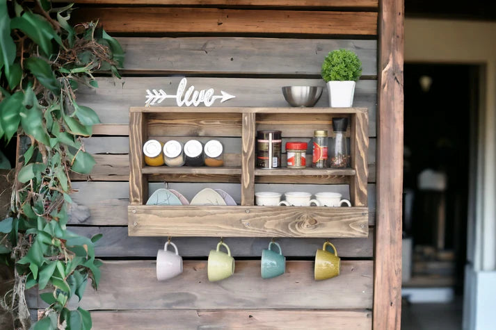Large Rustic Wall Shelf with Hooks - Reclaimed Wood Organizer | FRYDECO