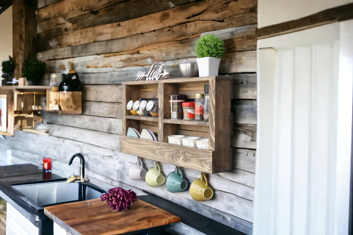 Large Rustic Wall Shelf with Hooks - Reclaimed Wood Organizer | FRYDECO