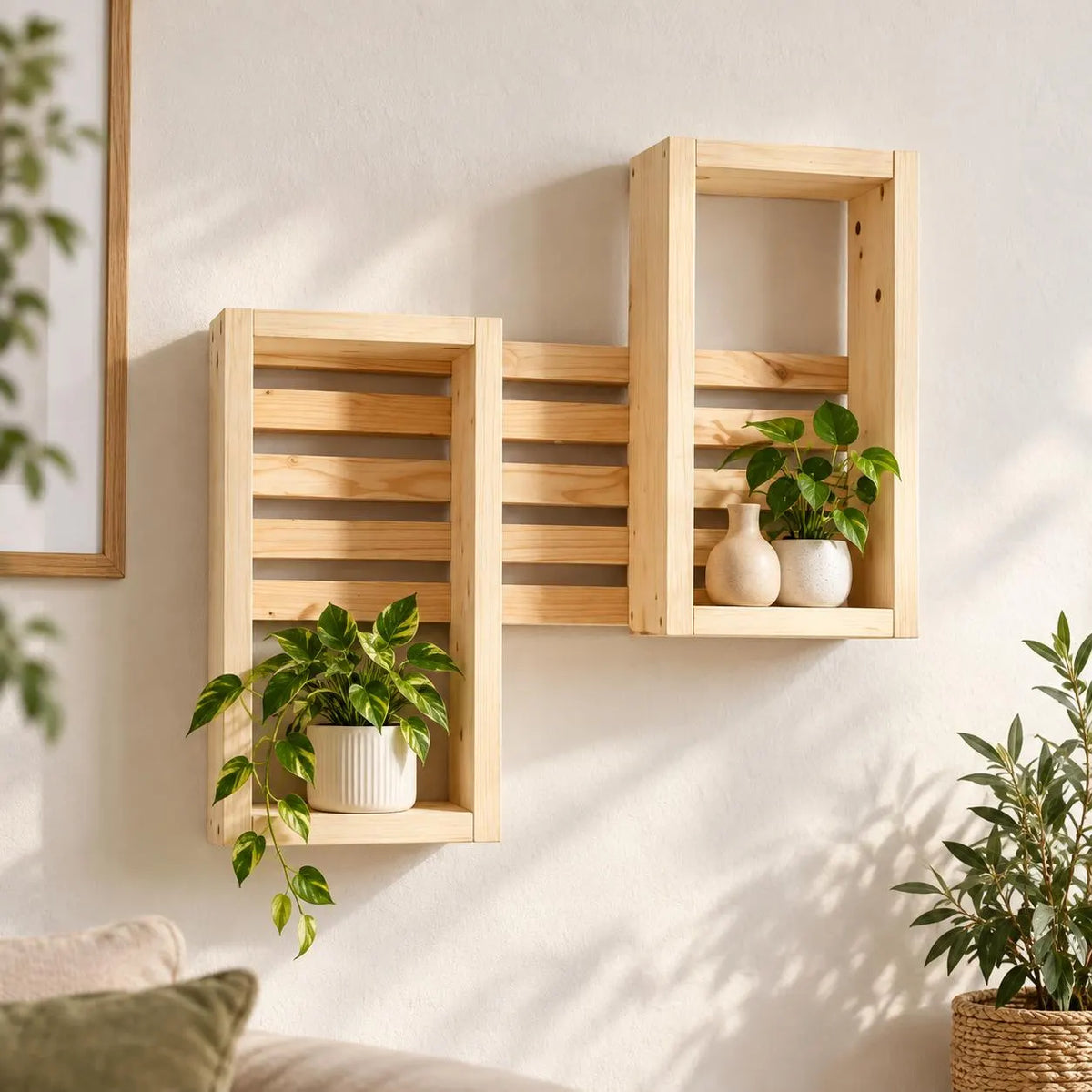 Handmade Vertical Interlocking Pine Shelf, 60cm Square Plant Display, Multiple Finishes