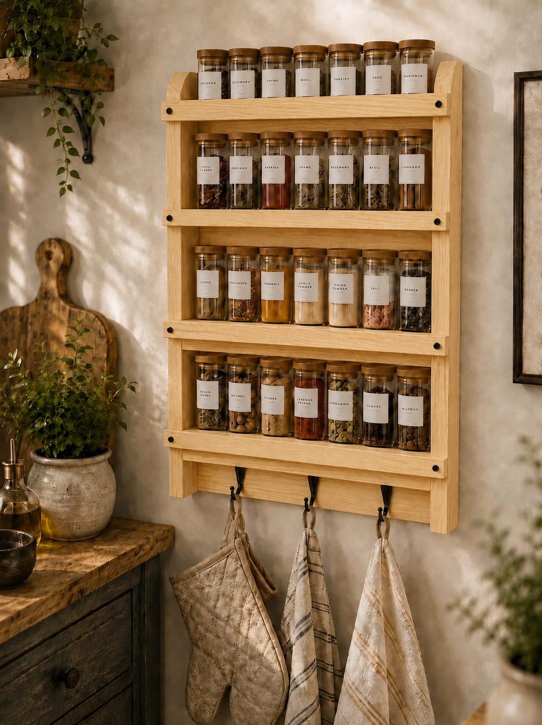 Wooden Spice Rack with Hooks | Handmade Wall Mounted Kitchen Shelf | Rustic Spice Organizer | Solid Pine Storage Shelf