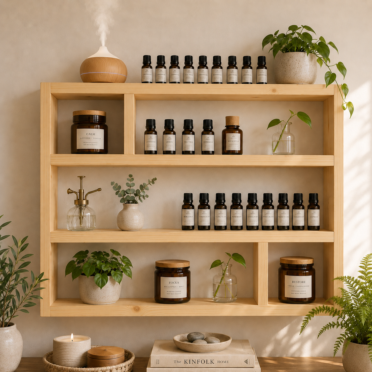 Essential Oil Shelf, Wide Wooden Wall Display Shelf, Essential Oil Storage Rack, Rustic Aromatherapy Organiser | FRYDECO