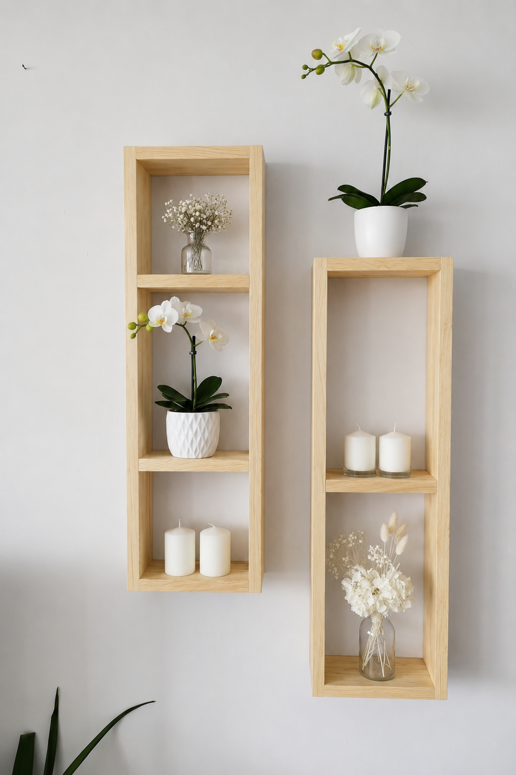 Asymmetric Wooden Wall Shelves Set of 2, Rustic Plant Display Shelves, Geometric Pine Wall Decor | FRYDECO