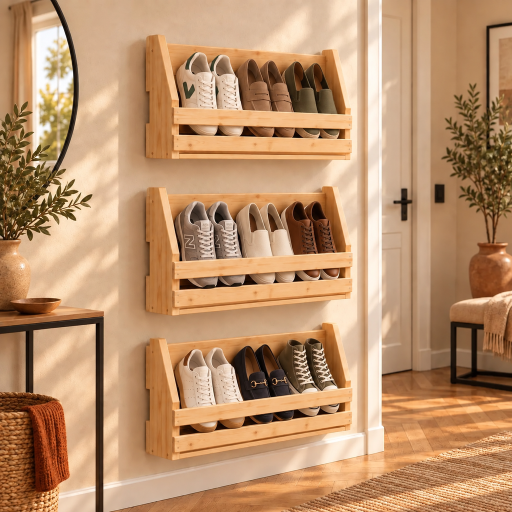 Wall Mounted Shoe Rack | Wooden Floating Shoe Shelf | Entryway Shoe Storage | Handmade Pine Hallway Organizer