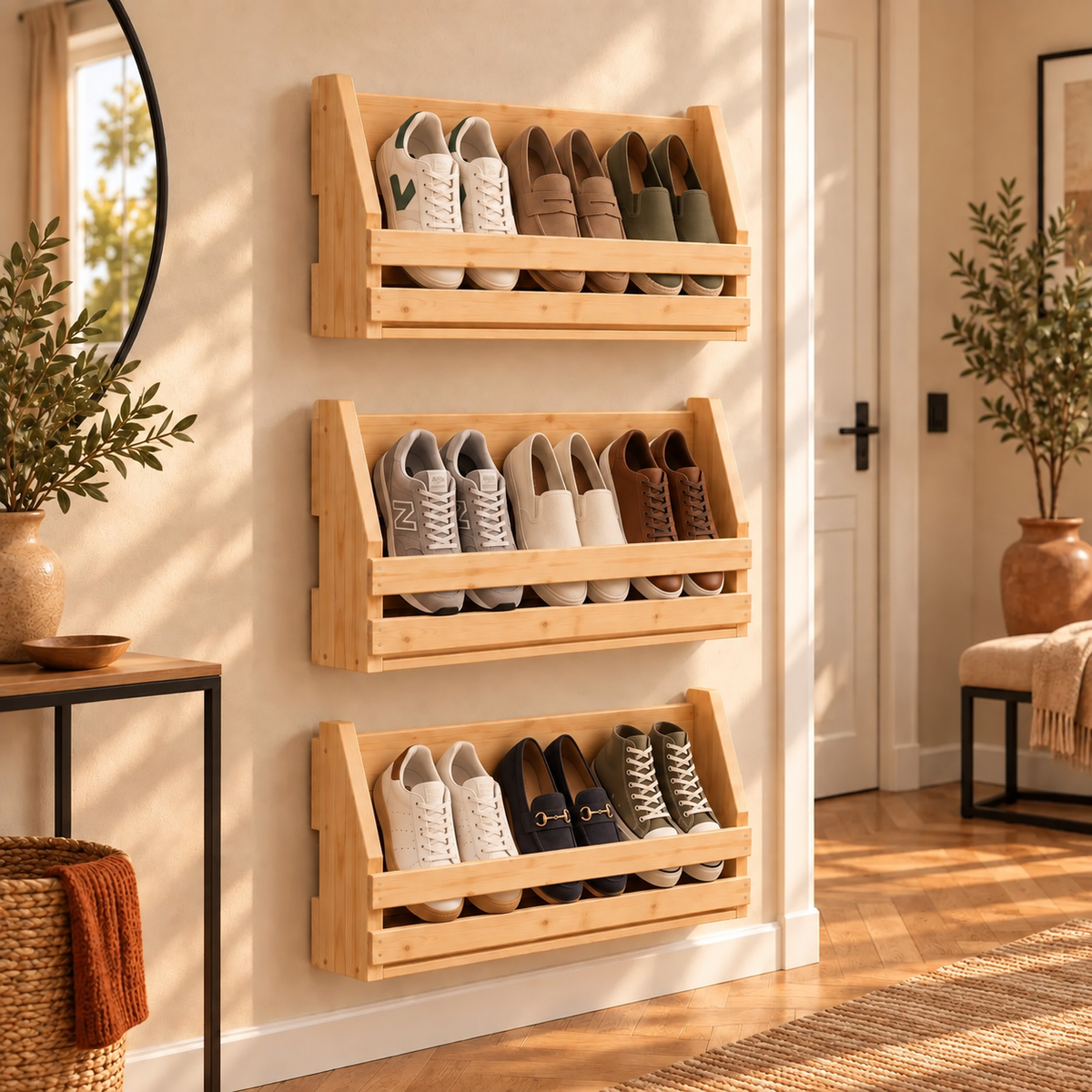 Wall Mounted Shoe Rack | Wooden Floating Shoe Shelf | Entryway Shoe Storage | Handmade Pine Hallway Organizer