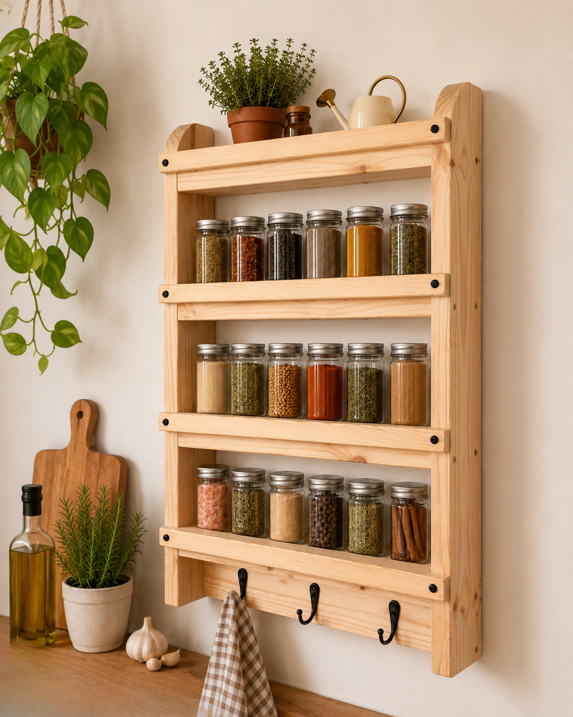 Wooden Spice Rack with Hooks | Wall Mounted Kitchen Shelf | FRYDECO