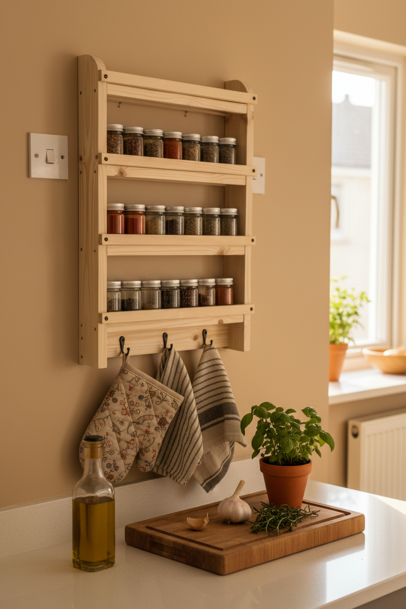 Wooden Spice Rack with Hooks | Wall Mounted Kitchen Shelf | FRYDECO