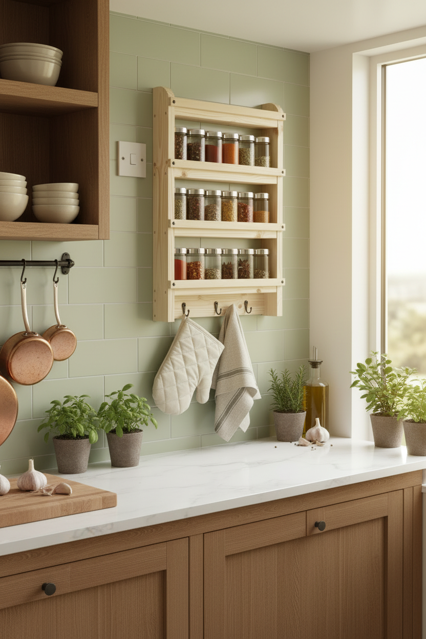 Wooden Spice Rack with Hooks | Wall Mounted Kitchen Shelf | FRYDECO