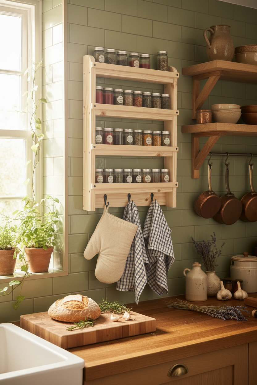 Wooden Spice Rack with Hooks | Wall Mounted Kitchen Shelf | FRYDECO