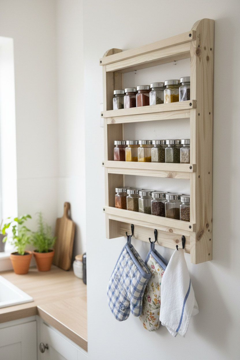 Wooden Spice Rack with Hooks | Wall Mounted Kitchen Shelf | FRYDECO