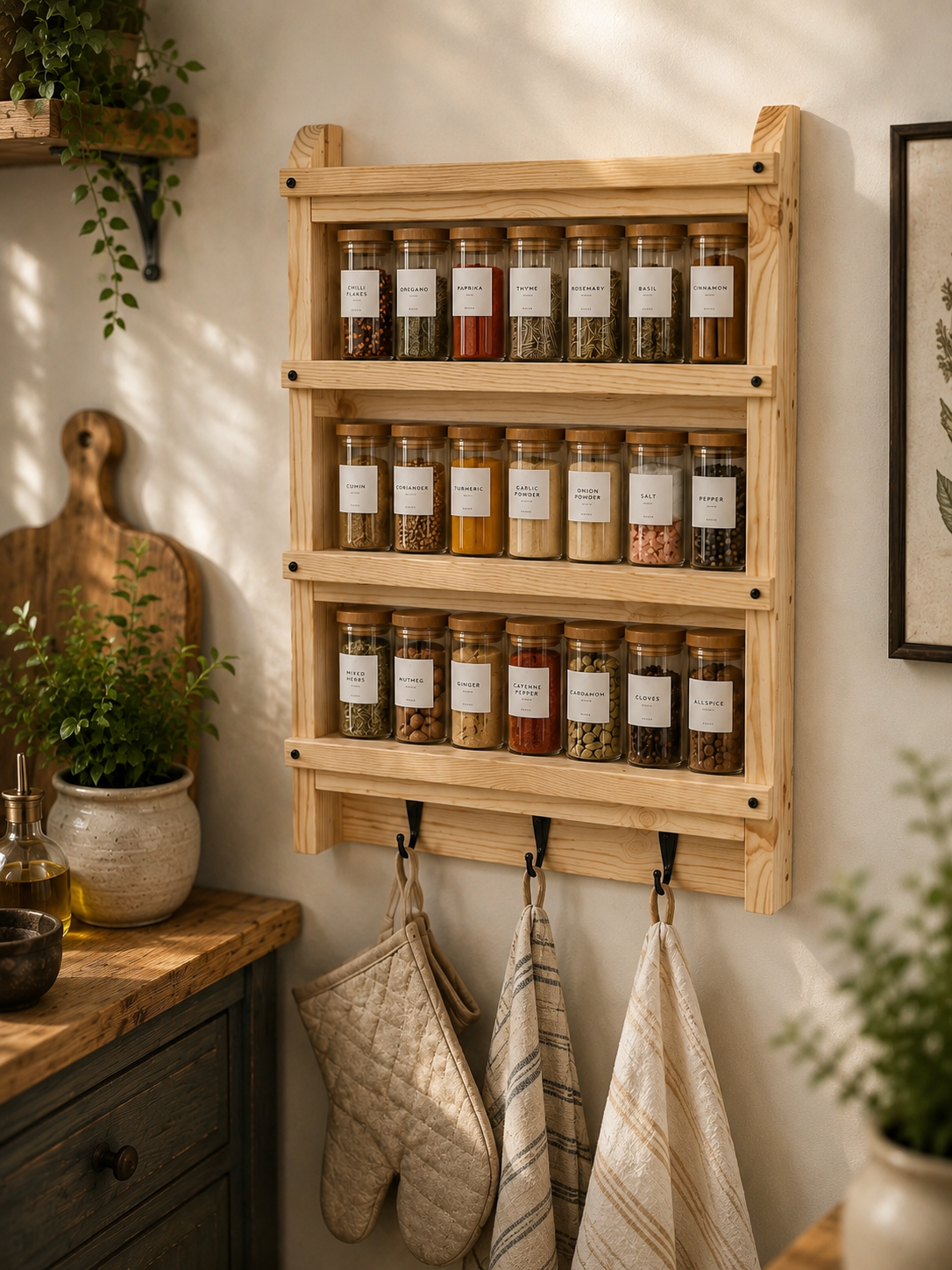 Wooden Spice Rack with Hooks | Wall Mounted Kitchen Shelf | FRYDECO