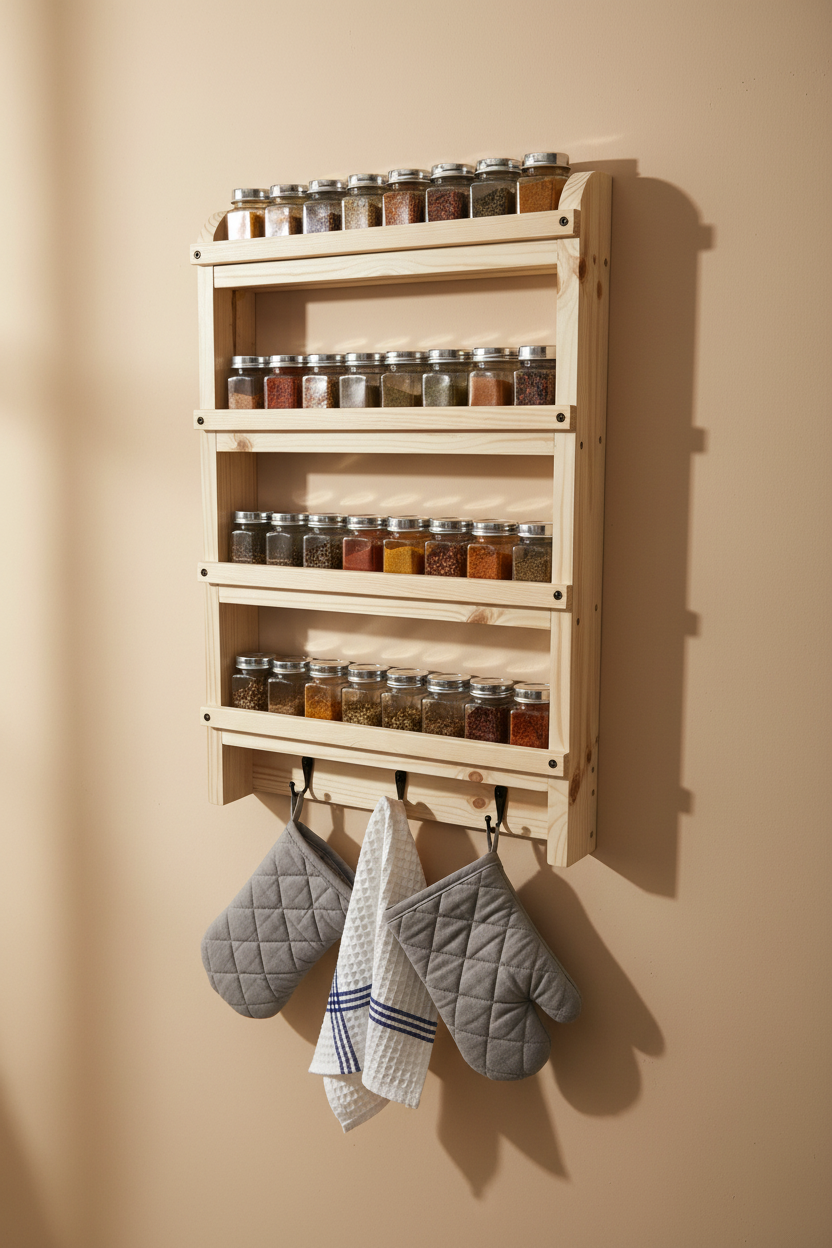 Wooden Spice Rack with Hooks | Wall Mounted Kitchen Shelf | FRYDECO