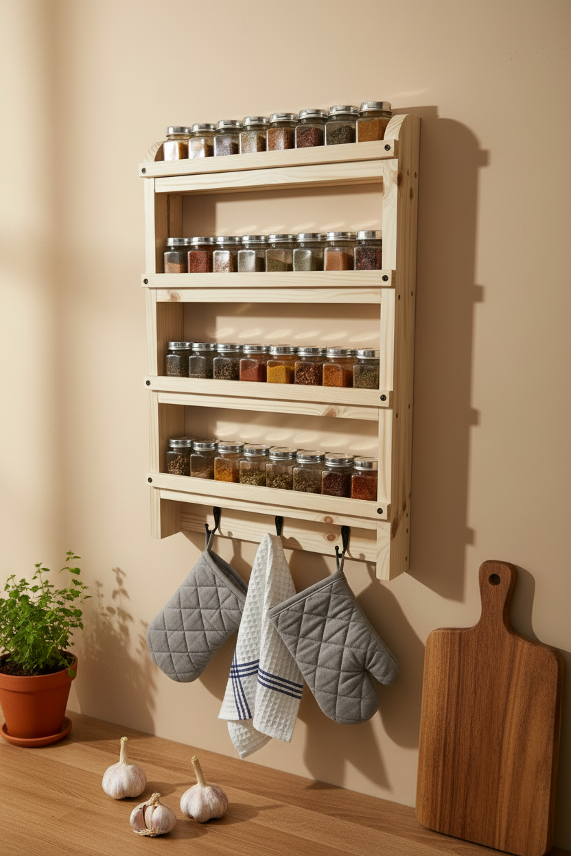 Wooden Spice Rack with Hooks | Wall Mounted Kitchen Shelf | FRYDECO