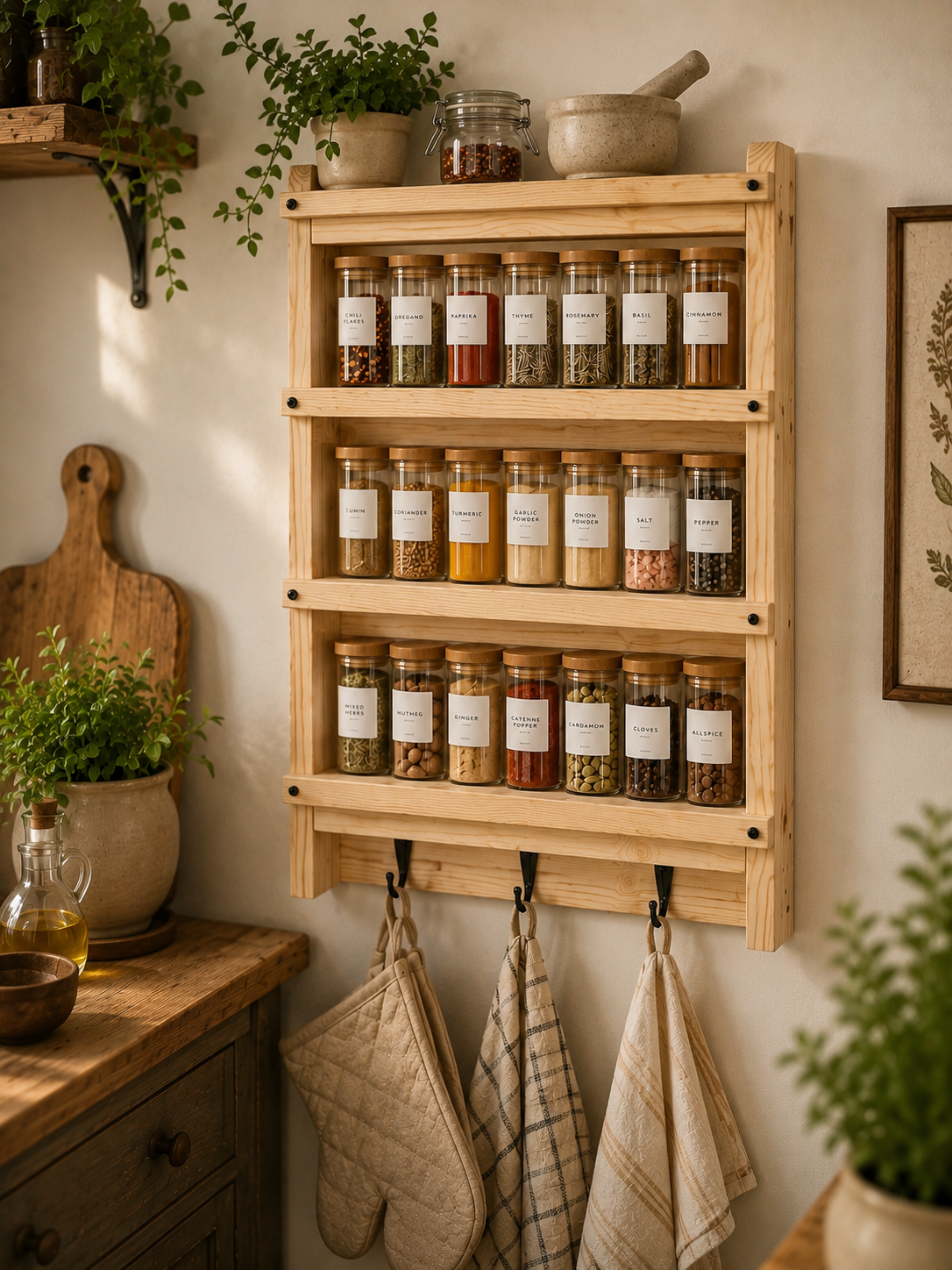 Wooden Spice Rack with Hooks | Wall Mounted Kitchen Shelf | FRYDECO