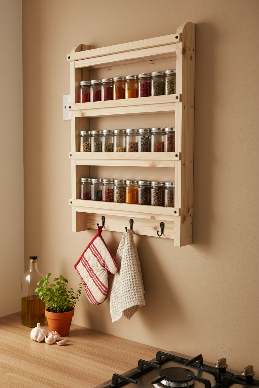 Wooden Spice Rack with Hooks | Wall Mounted Kitchen Shelf | FRYDECO
