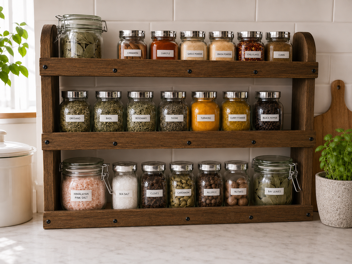Freestanding Wooden Spice Rack – 3 Tier Countertop Kitchen Organiser