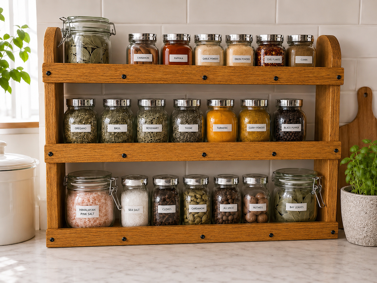 Freestanding Wooden Spice Rack – 3 Tier Countertop Kitchen Organiser
