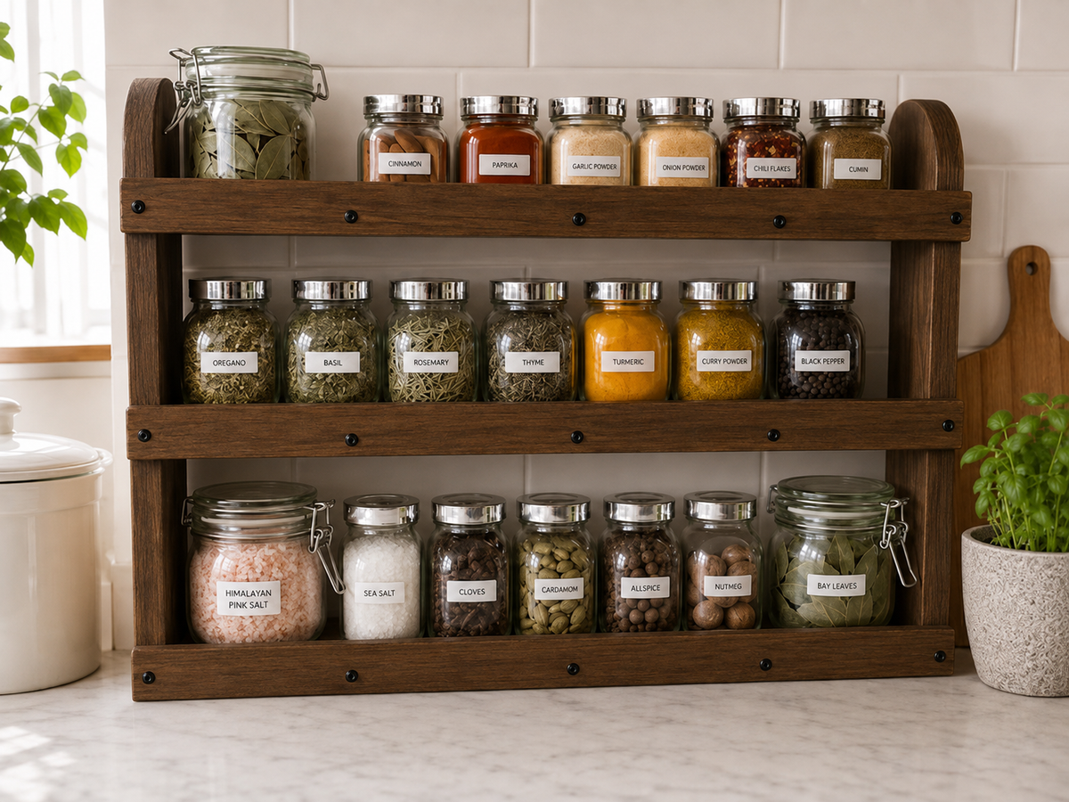 Freestanding Wooden Spice Rack – 3 Tier Countertop Kitchen Organiser