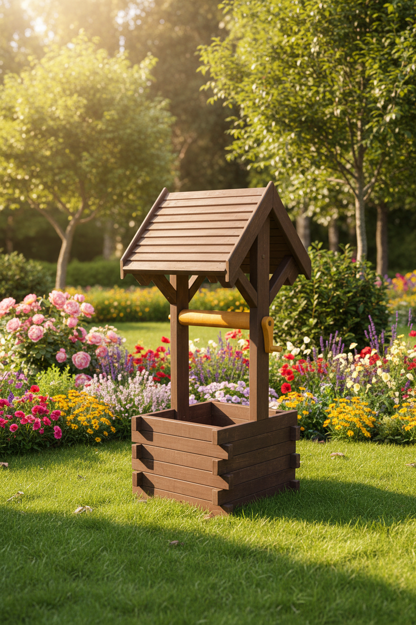 Wooden Wishing Well Planter – Handcrafted Garden Feature