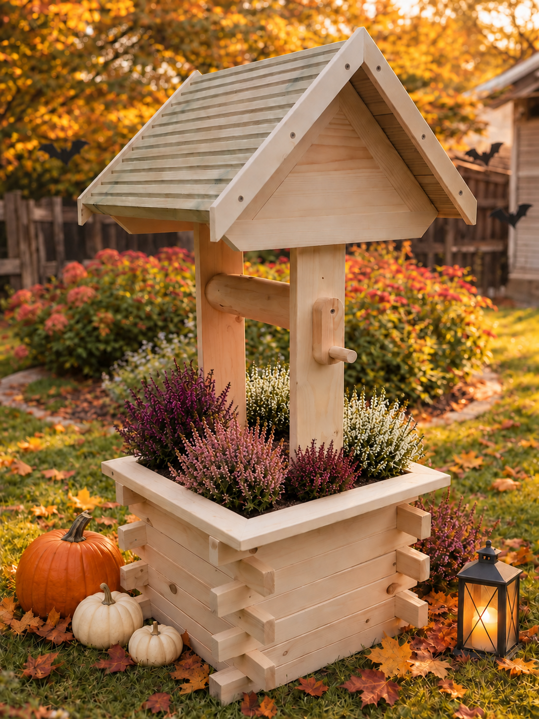 Handmade Solid Pine Wishing Well Planter – Rustic Garden Feature