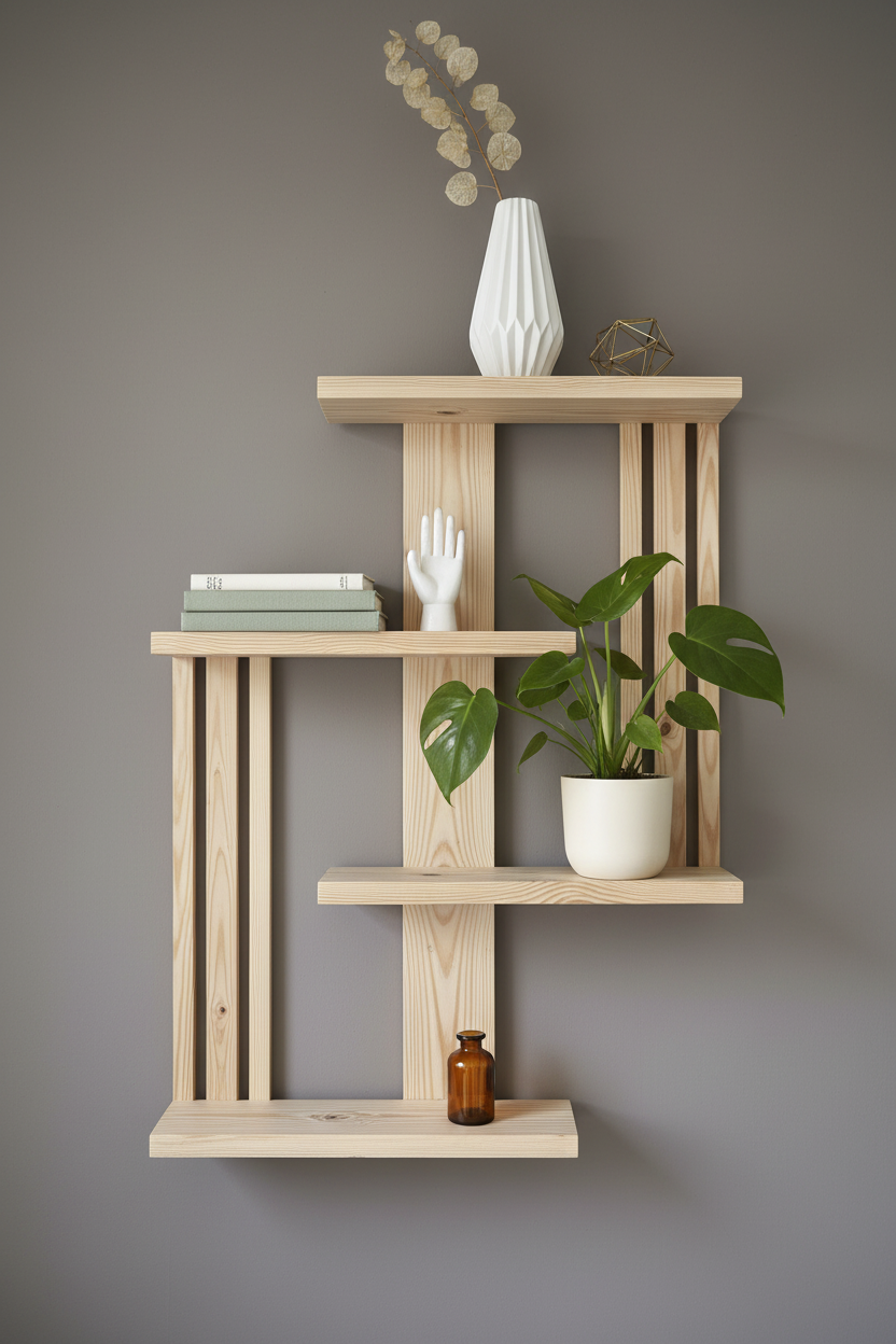 Large Geometric Pine Shelf – Handmade Scandinavian Floating Wall Decor