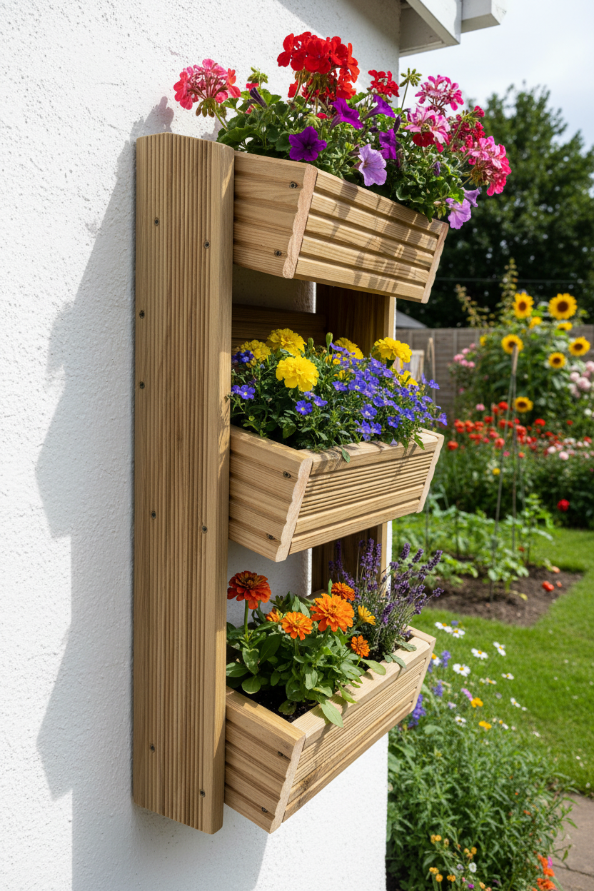 Cascading 3-Tier Wall Planter - Angled Wooden Garden Planter | FRYDECO