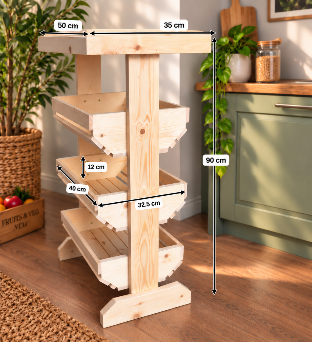 Wooden Fruit & Vegetable Storage Rack, 3 Tier Kitchen Produce Stand, Freestanding Pine Pantry Organiser with Top Shelf