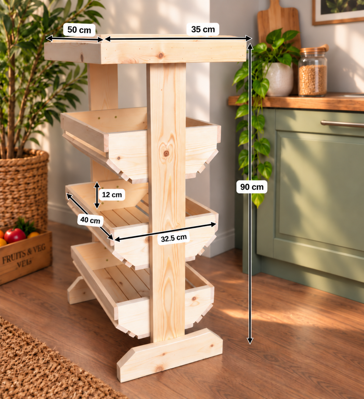 Wooden Fruit & Vegetable Storage Rack, 3 Tier Kitchen Produce Stand, Freestanding Pine Pantry Organiser with Top Shelf
