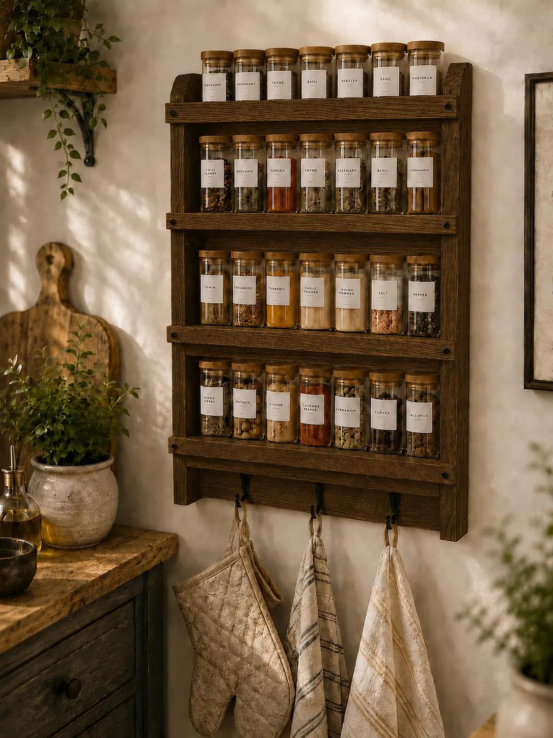 Wooden Spice Rack with Hooks | Handmade Wall Mounted Kitchen Shelf | Rustic Spice Organizer | Solid Pine Storage Shelf