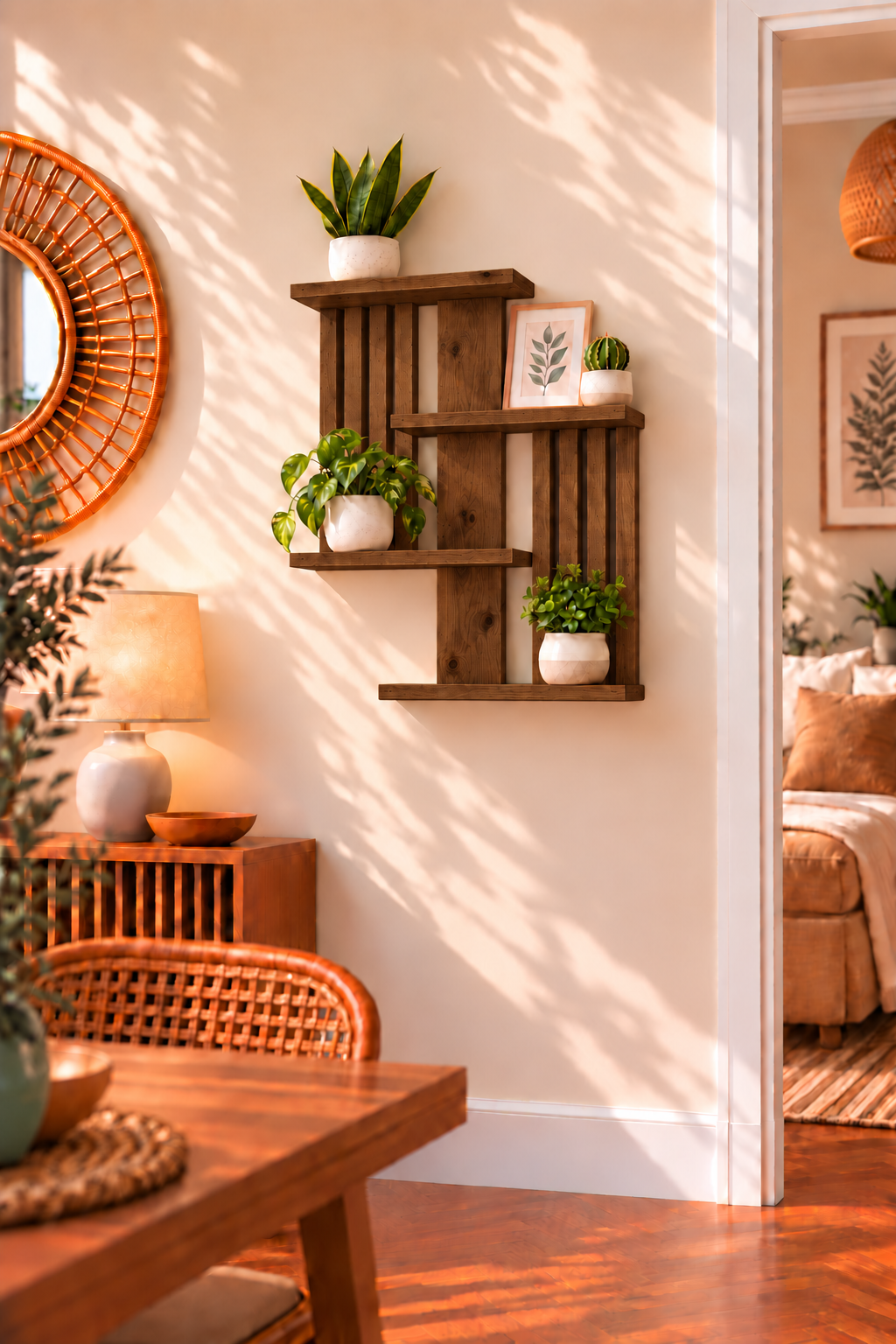 Handmade Geometric Pine Wall Shelf, Modern Rustic Plant Display (60cm Height)