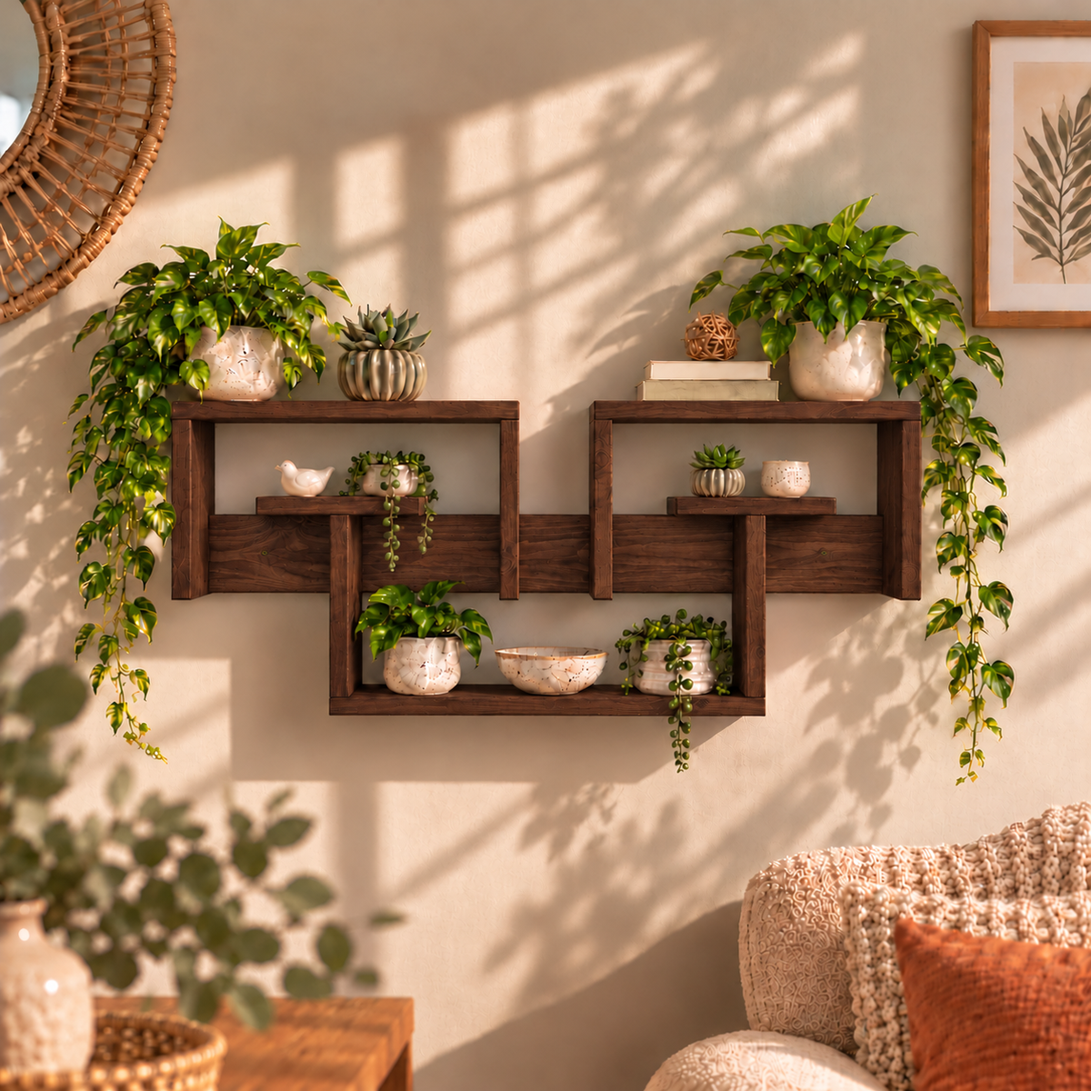 Interlocking Wooden Wall Shelf – Large Pine Display Shelf