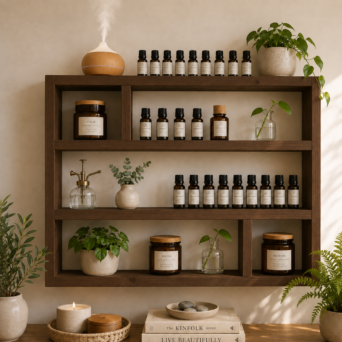 Essential Oil Shelf, Wide Wooden Wall Display Shelf, Essential Oil Storage Rack, Rustic Aromatherapy Organiser | FRYDECO
